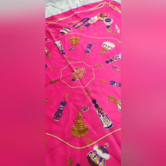 Vibrant Hot Pink Scarf with Vintage Perfume Bottles Large - Picture 10 of 13